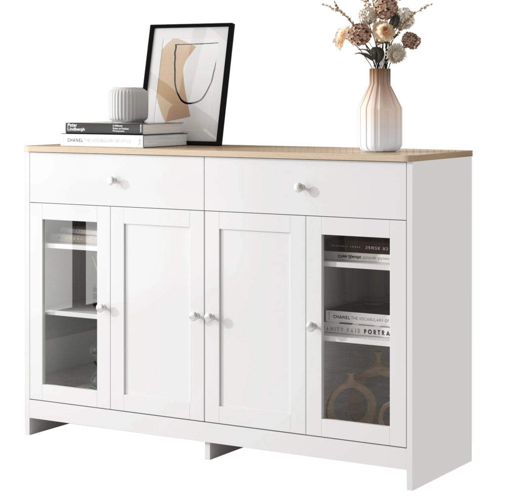 Credenza 120x37x80 cm con 2 cassetti; 4 ante e ripiani regolabili; MDF bianco e colore legno