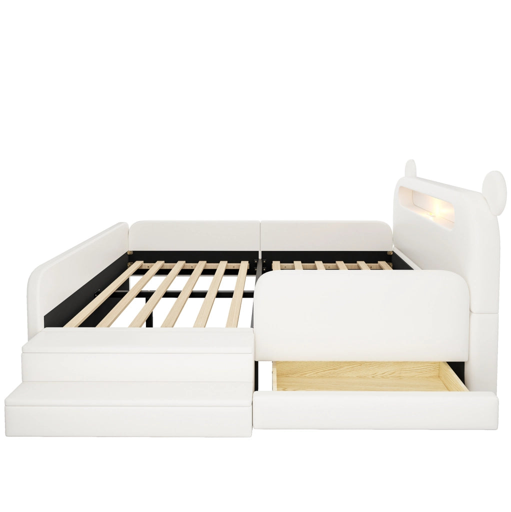 Letto imbottito per bambini 140x200 cm con testiera a orsetto, luce notturna e USB bianco