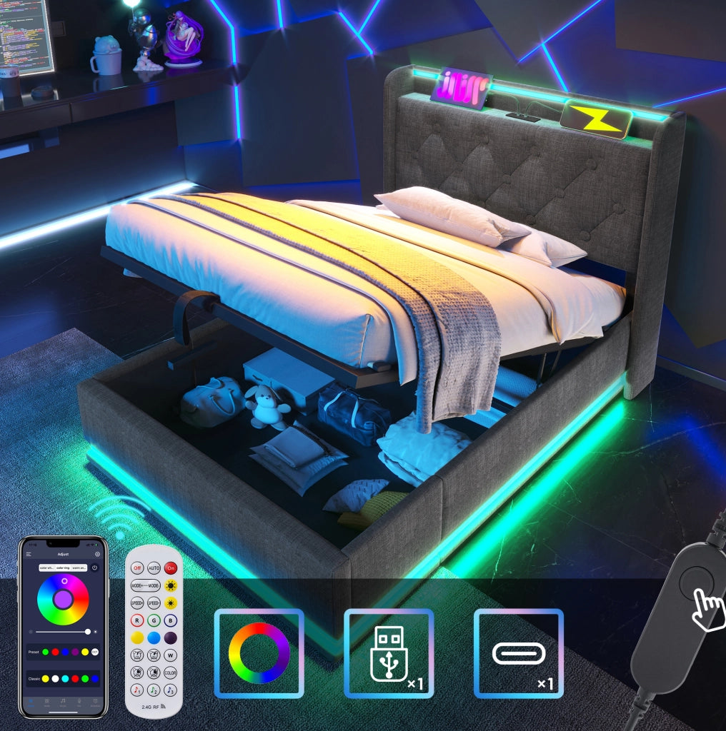 Letto imbottito singolo 90x200 cm con LED; USB Type-C e contenitore; tessuto lino grigio