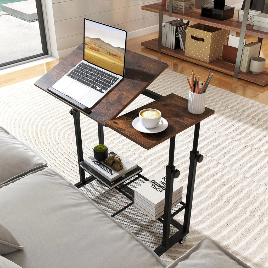 Tavolino da Divano e Letto, Tavolo Regolabile in Altezza con Ruote Bloccabili, Piano Inclinabile e Mensole Portaoggetti, Mobile Versatile per Salotto, Camera da Letto