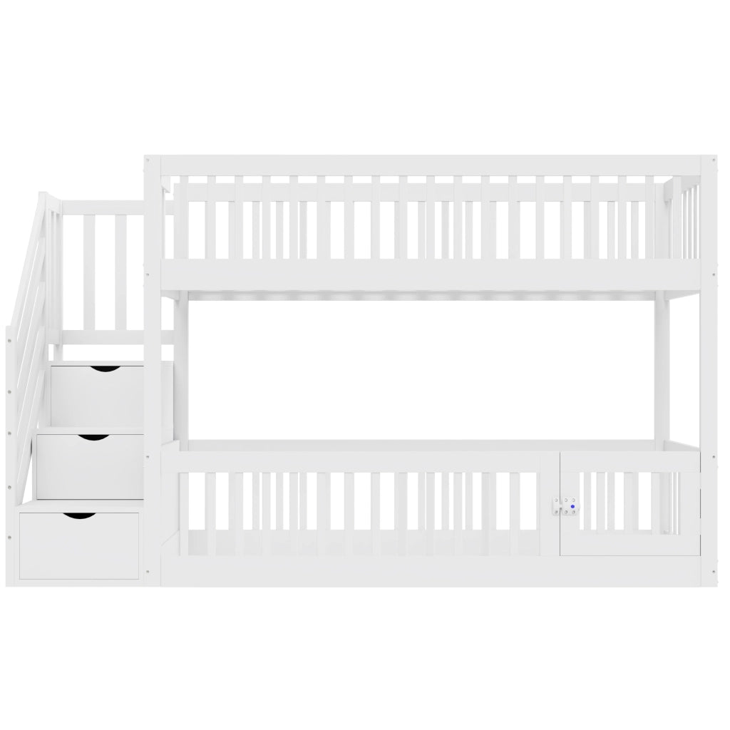 Letto a castello per bambini 90x200 in legno bianco con scala e cassetti