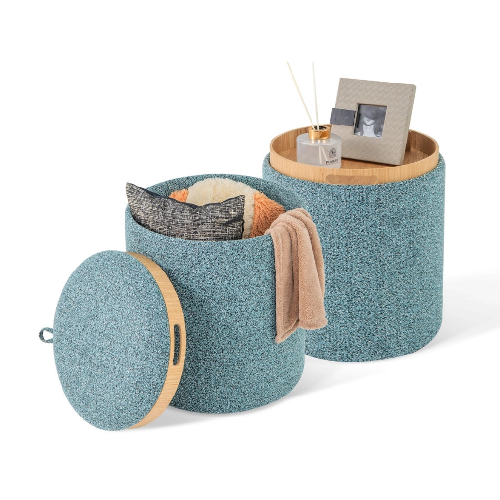 Set di 2 pouf rotondi con vassoio reversibile e stoccaggio nascosto-Pouf contenitore imbottito multifunzionale Blu