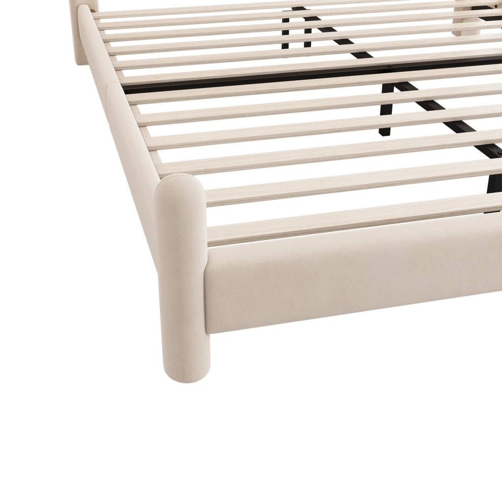 Letto imbottito 180x200 cm in velluto beige con testiera ondulata e rete a doghe