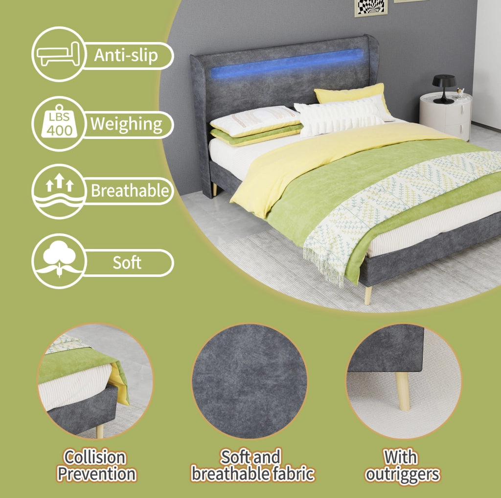 Letto imbottito con LED e testiera regolabile 140x200 cm in tessuto e metallo; grigio