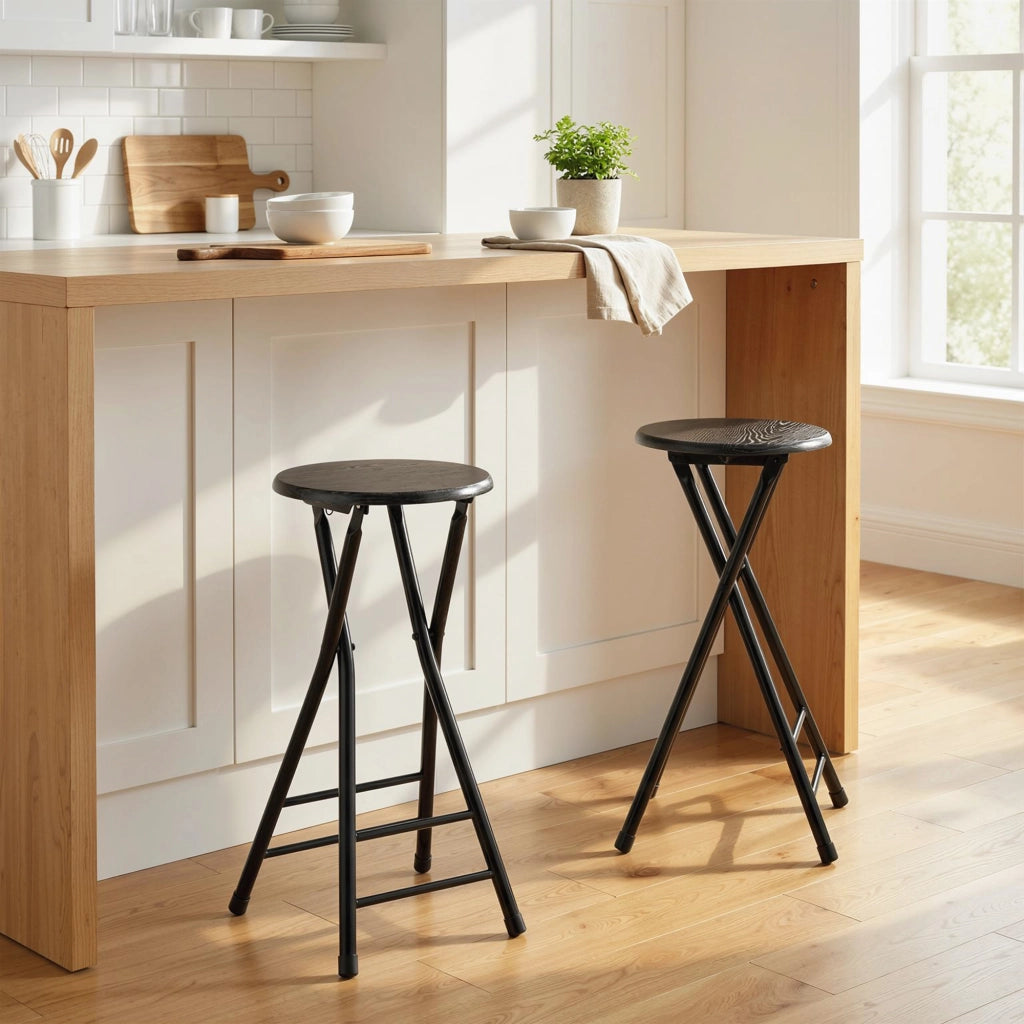 Set 2 Sgabelli Bar 34x30x70 cm Pieghevoli con Doppio Poggiapiedi in Legno e Acciaio Nero