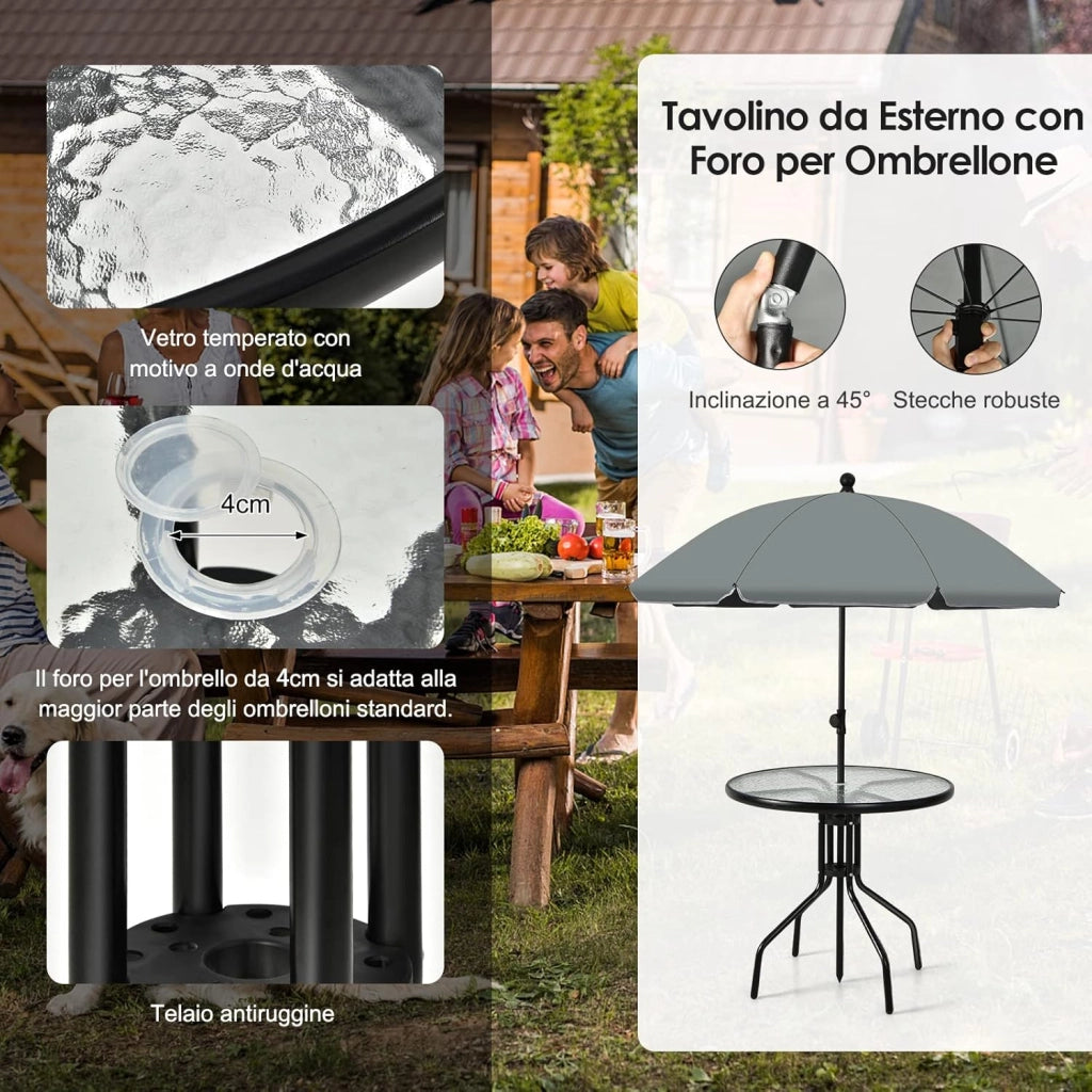 Set di Mobili da Giardino da 6 Pezzi, Tavolino da Caffè con Ombrellone, Piano in Vetro Temperato e 4 Sedie Pieghevoli, Set da Pranzo da Patio Terrazza Bordo Piscina