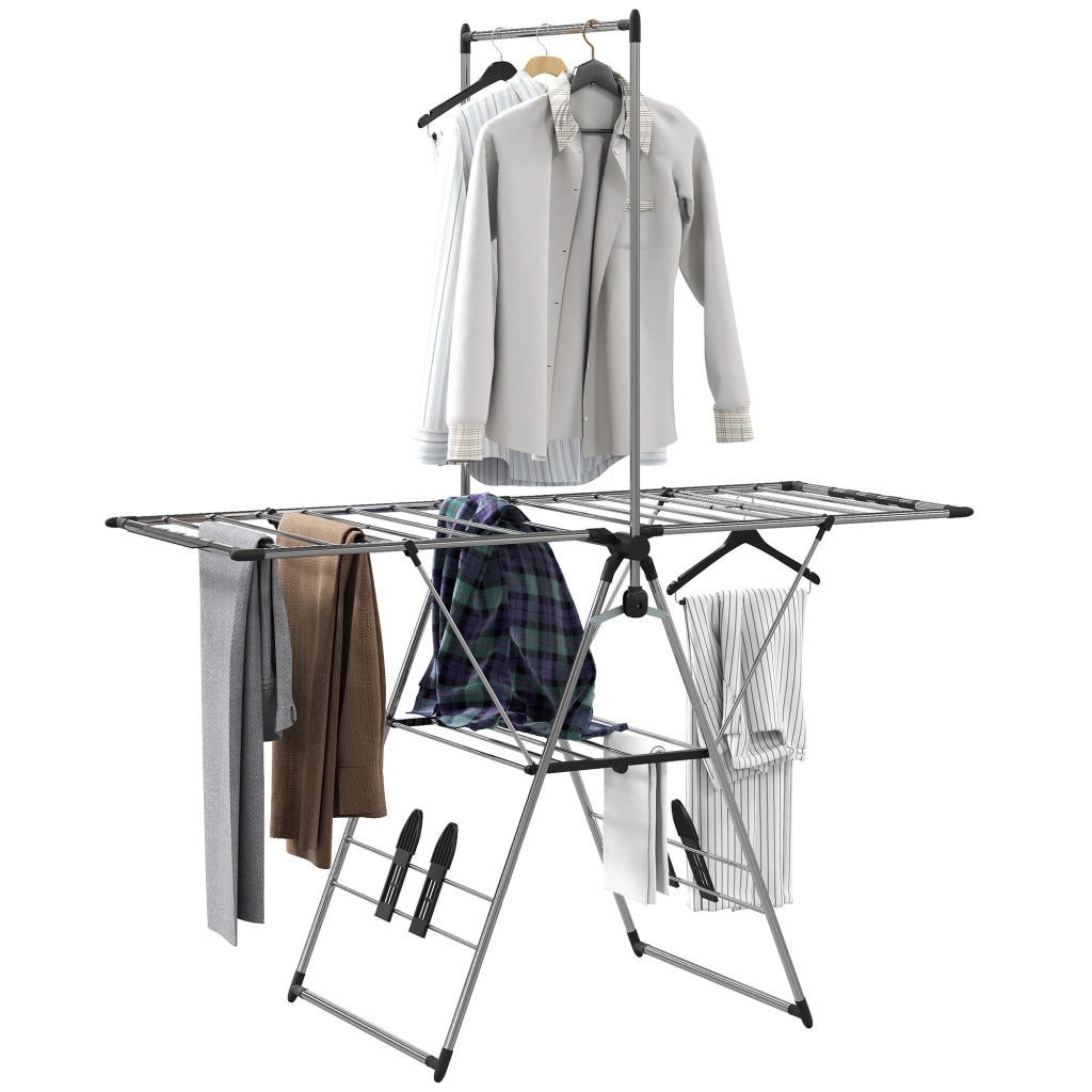 Stendibiancheria Pieghevole con Ali Regolabili e Portascarpe ¨C Xylo ¨C Acciaio Inox 156,5x68x192cm Argento