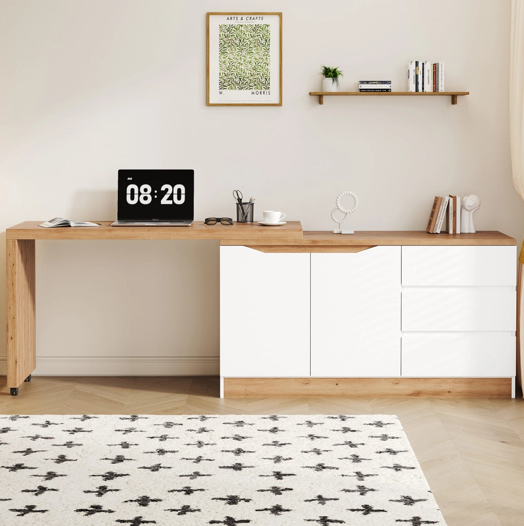 Scrivania pieghevole girevole 120x50x78 cm con 2 ante e 3 cassetti; bianco e rovere; in truciolare