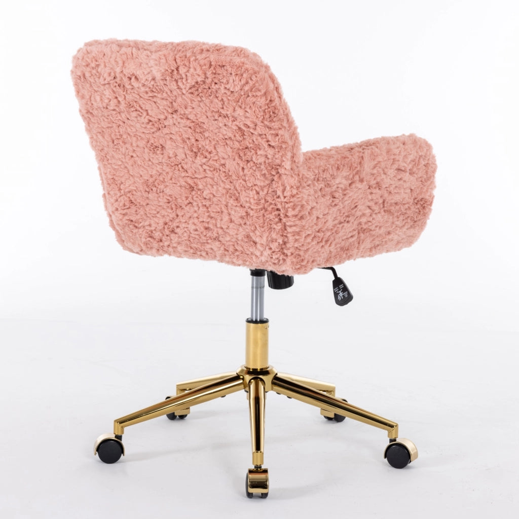 Sedia da ufficio girevole, sedia da toeletta, imitazione pelliccia di coniglio, altezza regolabile, base in metallo, rosa