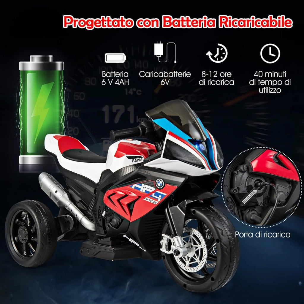 6V BMW Moto Cavalcabile per Bambini, Motocicletta a 3 Ruote con Musica Fari, 3km/h, Moto Elettrica Regalo per Bambini 37 a 96 Mesi (Rosso)
