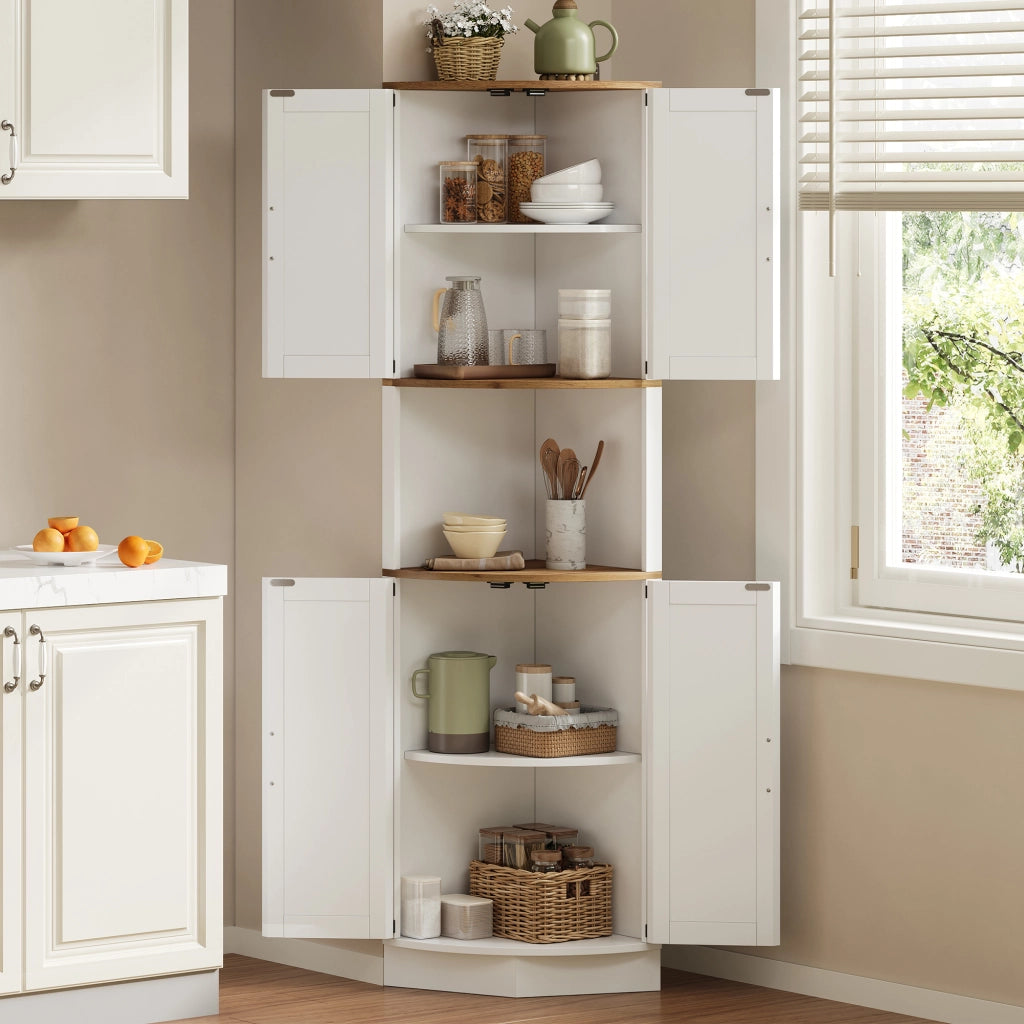 Mobile angolare con 2 ante 1 vano aperto e 4 ripiani vintage per cucina e soggiorno in MDF bianco 39,5 × 39,5 × 180 cm
