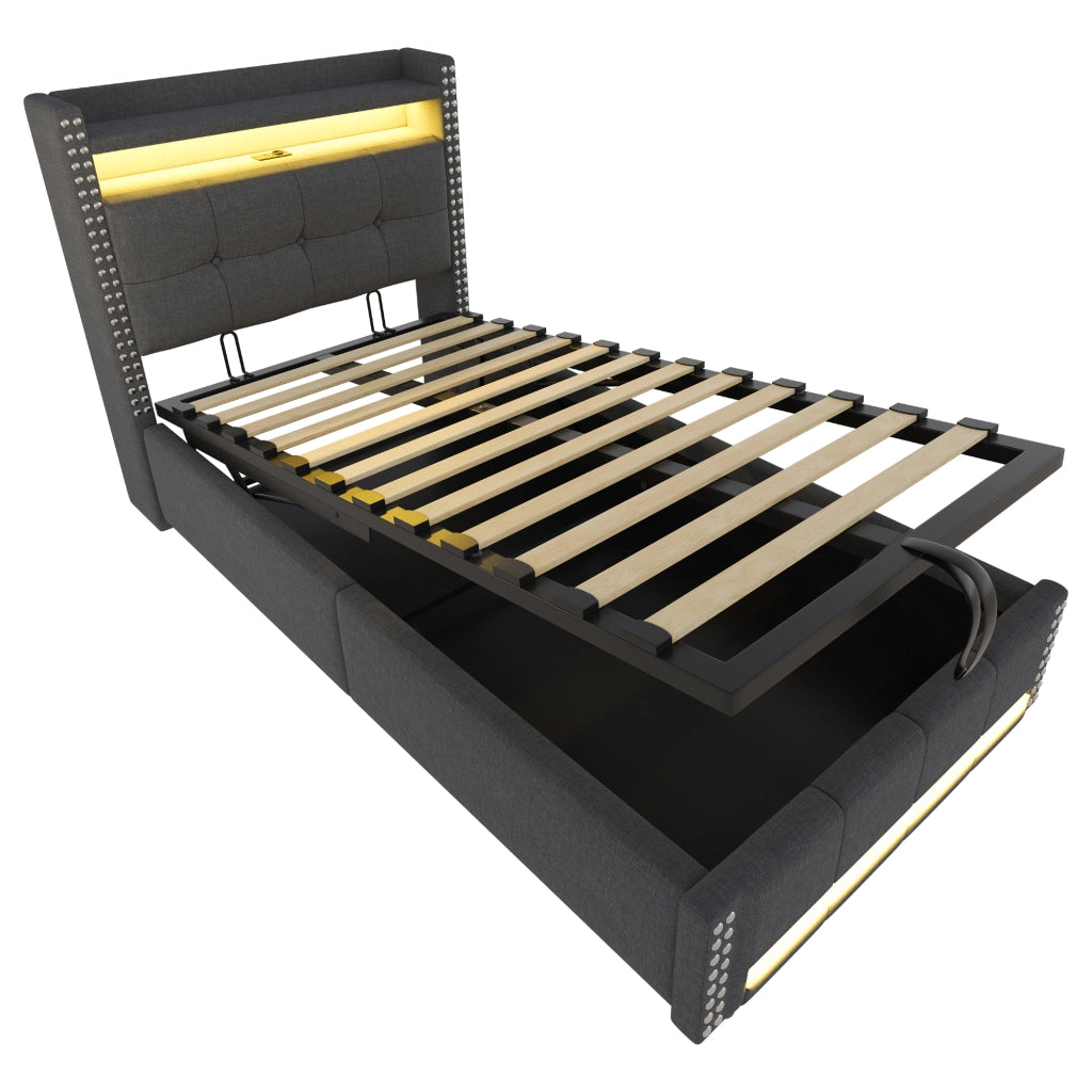 Letto imbottito singolo 90x200 cm con luci LED, porta USB, contenitore idraulico e testiera con ripiani, tessuto effetto lino grigio