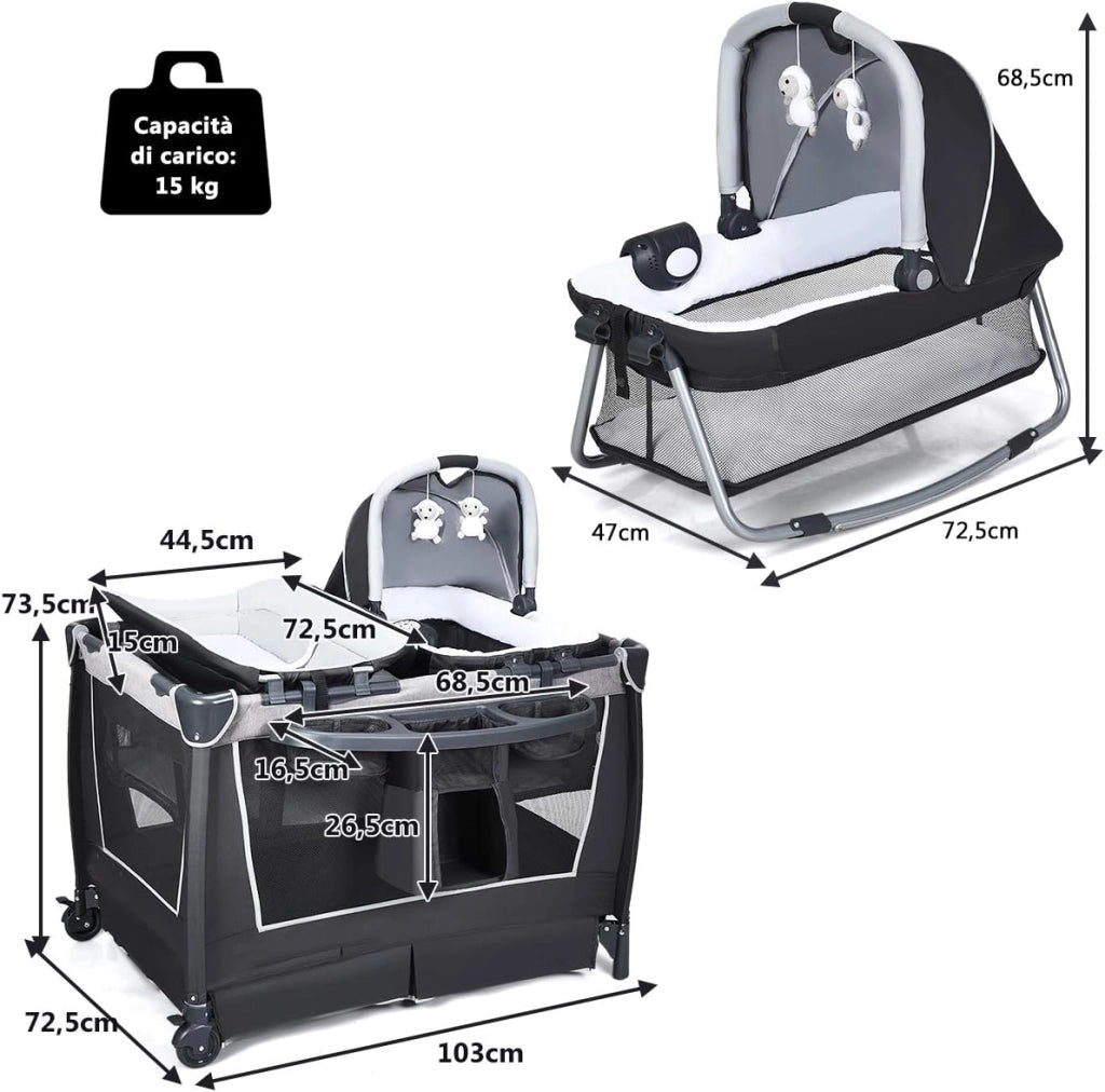 4 in 1 Lettino Neonato da Viaggio Pieghevole con Materasso, Culla da Campeggio con Fasciatoio e Giocattolo, per Bambini 0-36 Mesi fino a 15 kg (Grigio Scuro)