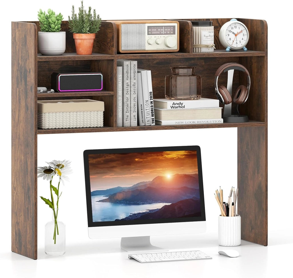 Libreria da Scrivania, Scaffale da Scrivania con 6 Ripiani in Legno, Scomparto Aperto per Monitor 32", Espositore per Dormitori Uffici Studio, 94 x 24 x 85 cm (Marrone)