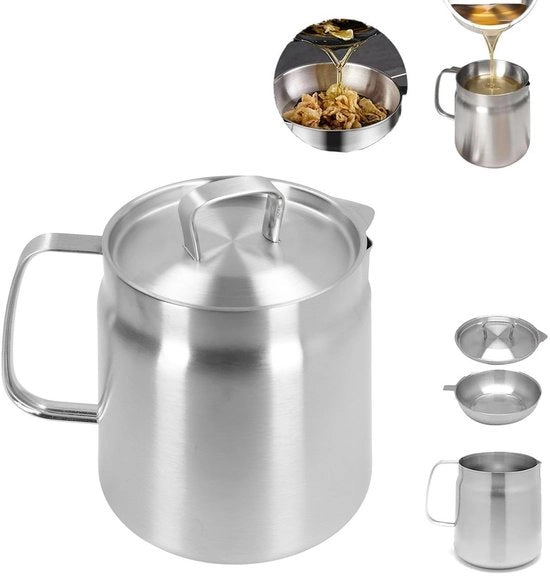 Contenitore Olio con Coperchio a Filtro - Filtro Olio in Acciaio Inossidabile - Grande Capacità - Deposito Olio per Cucina - Maniglia Ergonomica - Imbevimento Facile - Olio Deposito