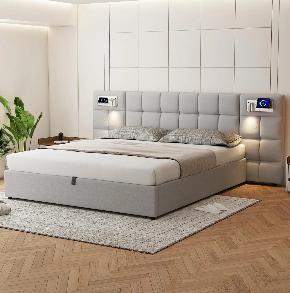 Letto imbottito 180x200 cm con contenitore, USB e ricarica wireless