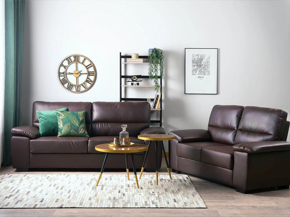 Set divano soggiorno in ecopelle marrone 3 + 2 posti stile moderno