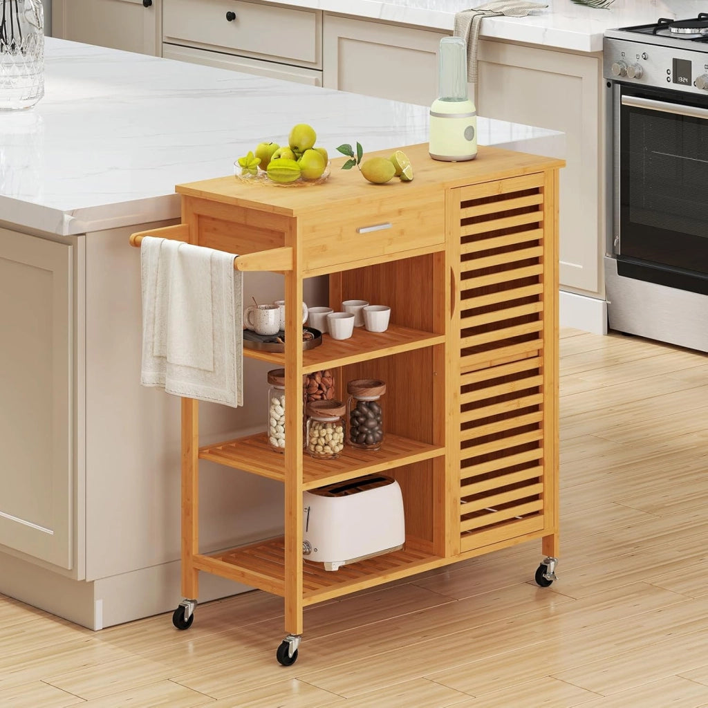 Carrello da Cucina in Bambù, Mobile Cucina con Ruote Cassetto, 3 Ripiani Aperti, Armadietto, Portasalviette, Carrello da Portata per Sala da Pranzo, 91 x 44 x 89 cm