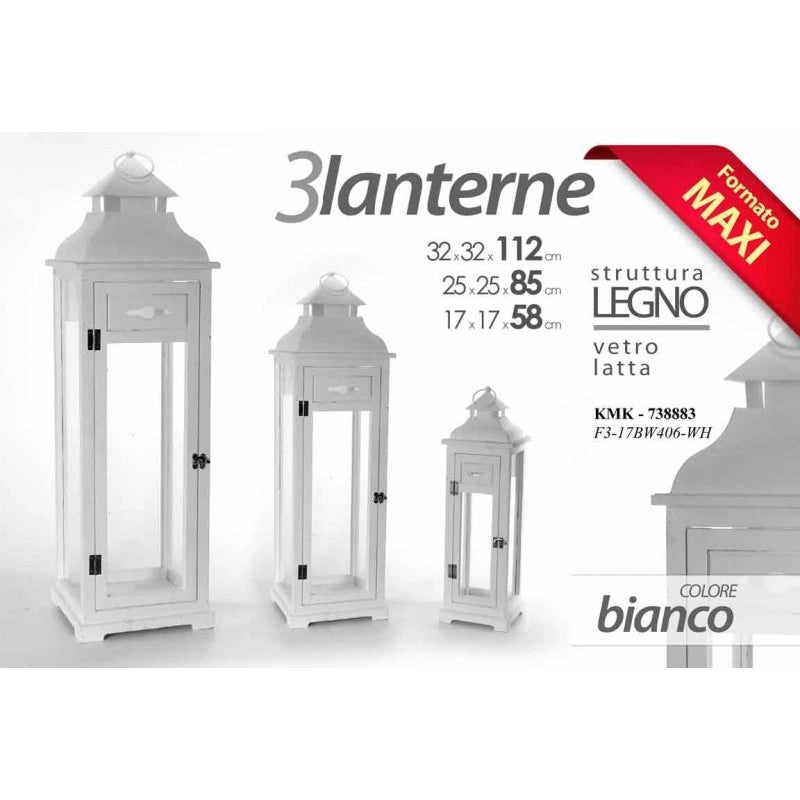 Tris lanterne bianco grandi arredo casa giardino in legno vetro