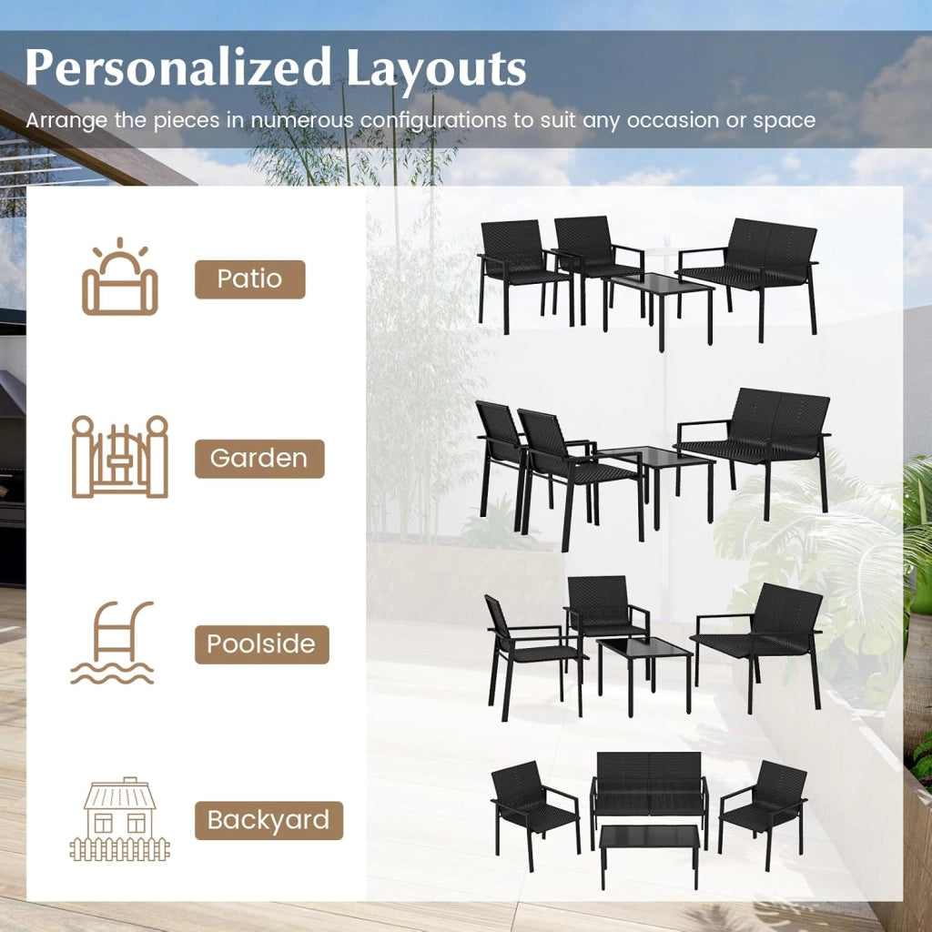 Set di mobili da giardino per esterni, set di mobili da giardino in polyrattan, 4 pezzi, mobili da terrazzo, set da 4 persone, tavolo da 2 sedie, per balcone, set da balcone, resistente alle