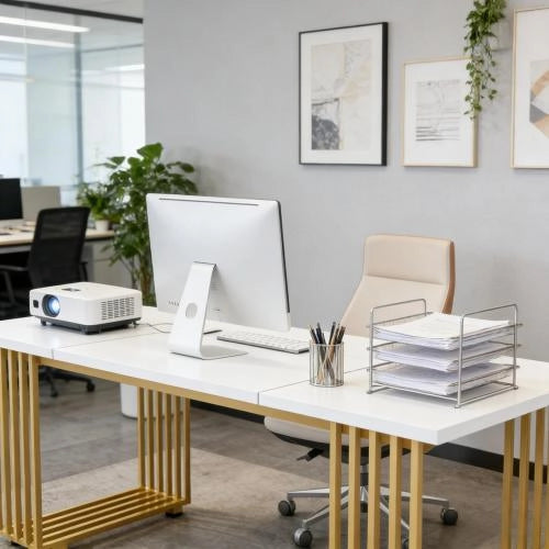 Scrivania - per ufficio - in metallo e legno - 180×79×78 cm - bianco e oro