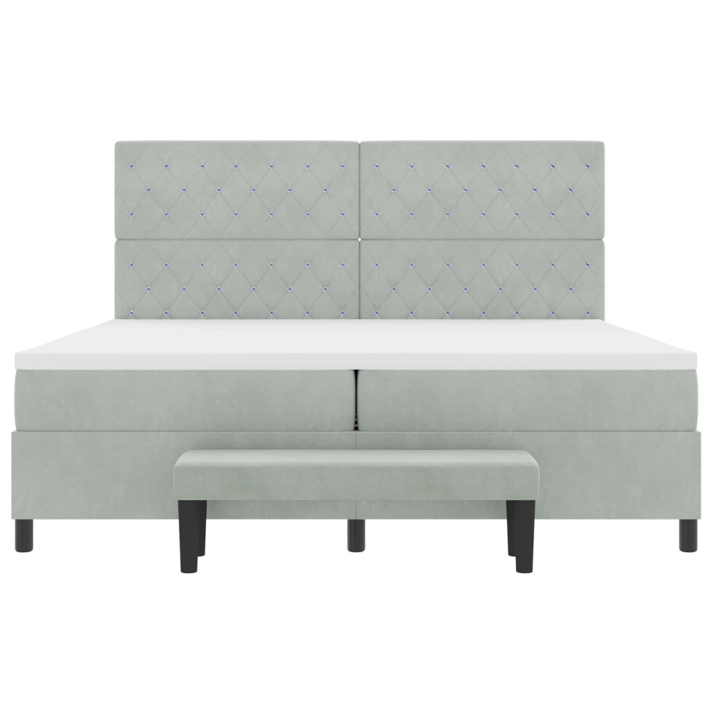 Letto Box Spring con Materasso e Panchetta Grigio Chiaro 200x200 cm in Velluto