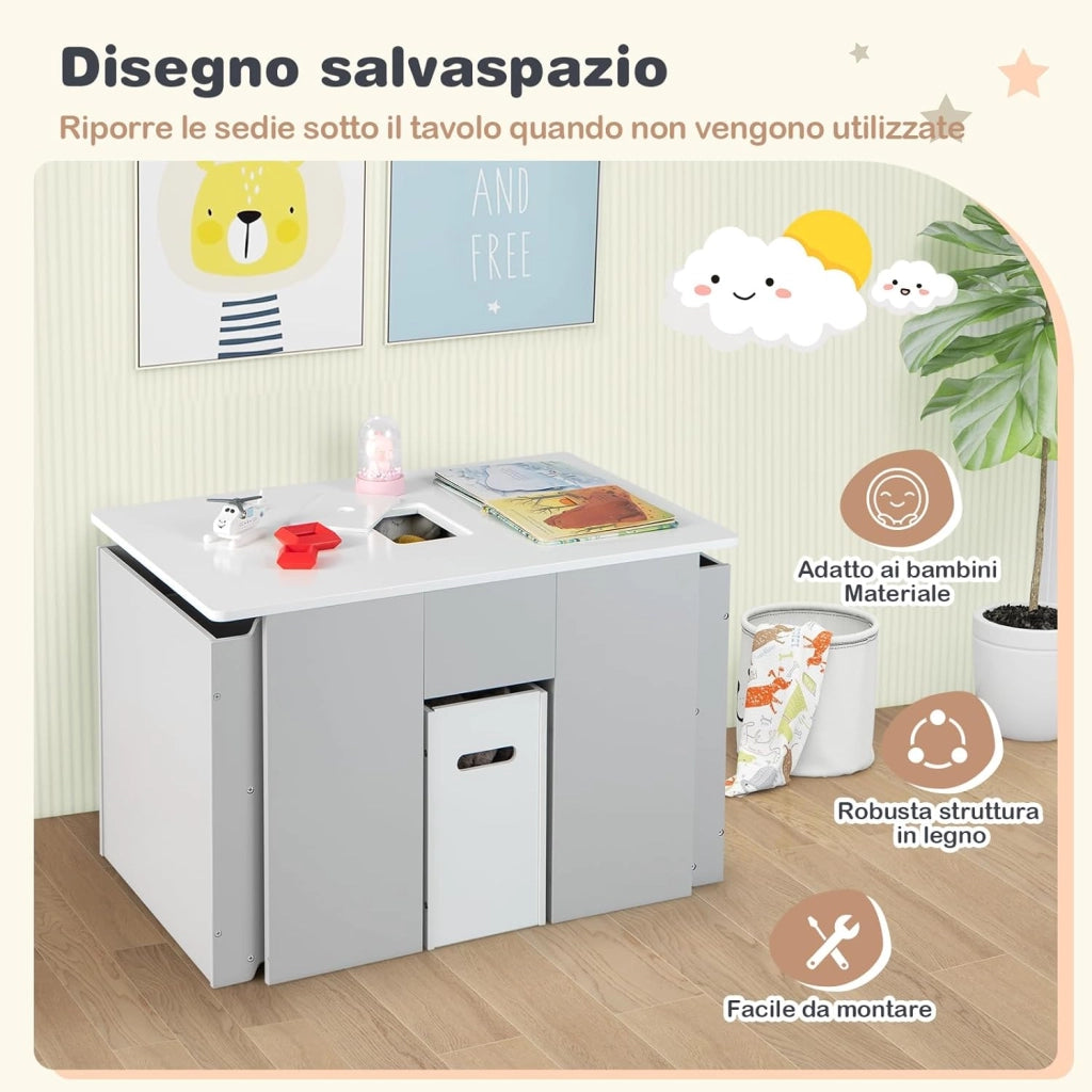 Set di Tavolo e Sedie per Bambini 4 in 1, Tavolo di Attività per Bambini con 2 Sedie Impilabili Coperchio Rimovibile e Contenitore, per Imparare Giocare Disegnare, Adatto a bambini dai 3 anni+