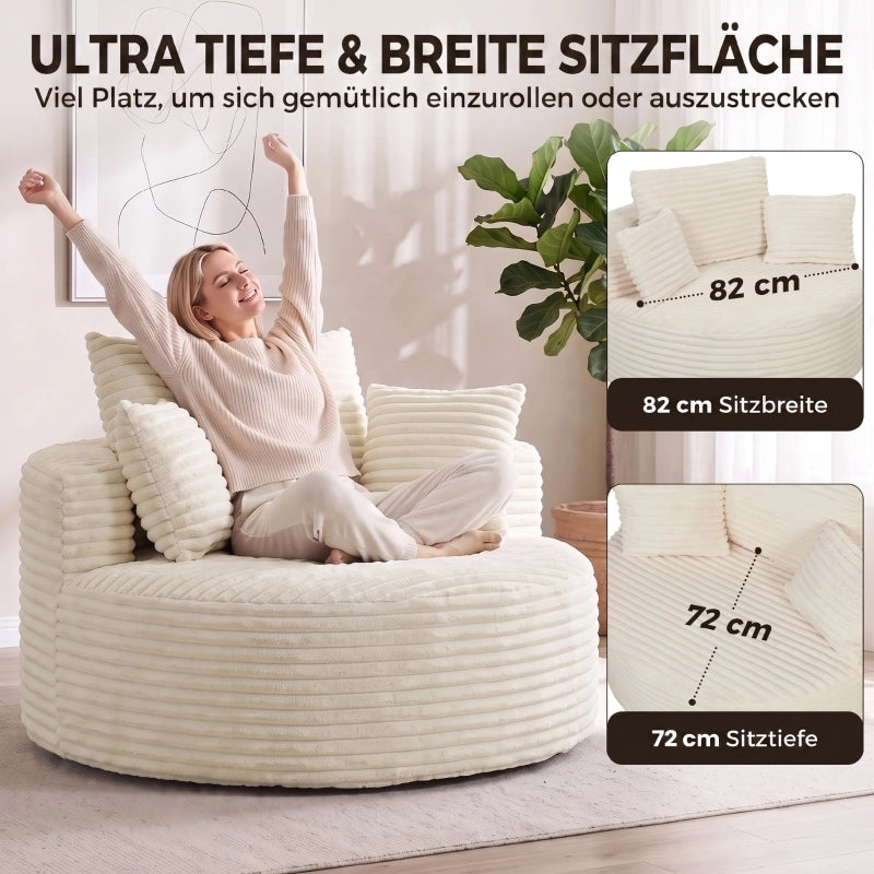 Fauteuil in tessuto a coste con seduta extra ampia e profonda senza telaio e 4 cuscini, crema 250 kg