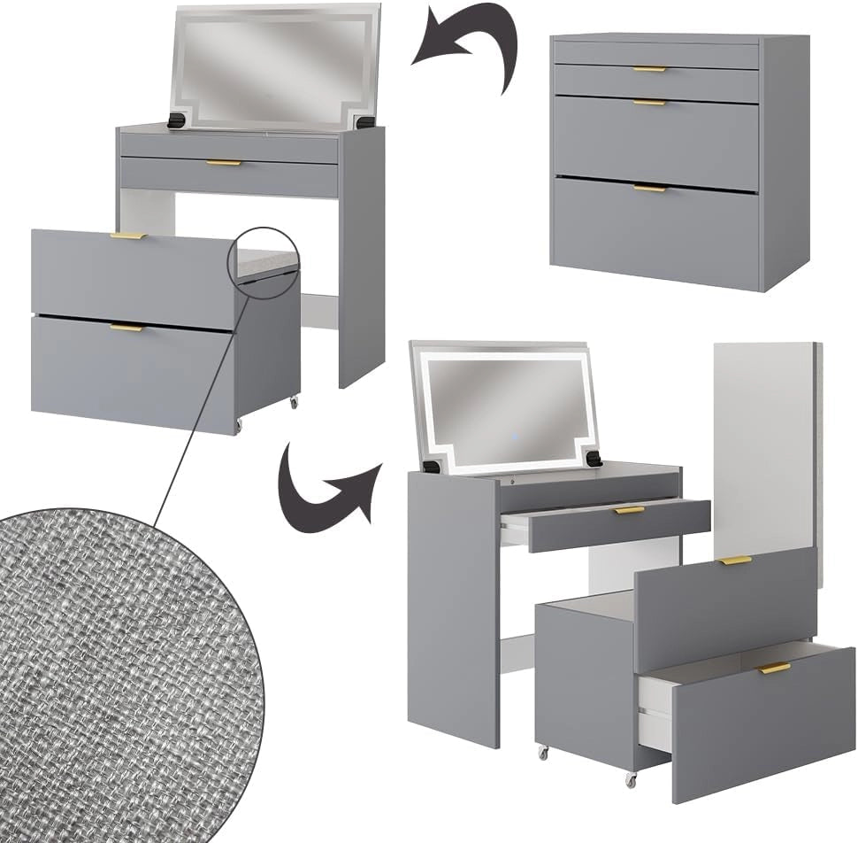 Tavolino da toilette Wanja, Grigio, 80 cm con panca e specchio LED, utilizzabile come tavolo da trucco e scrivania con sgabello girevole