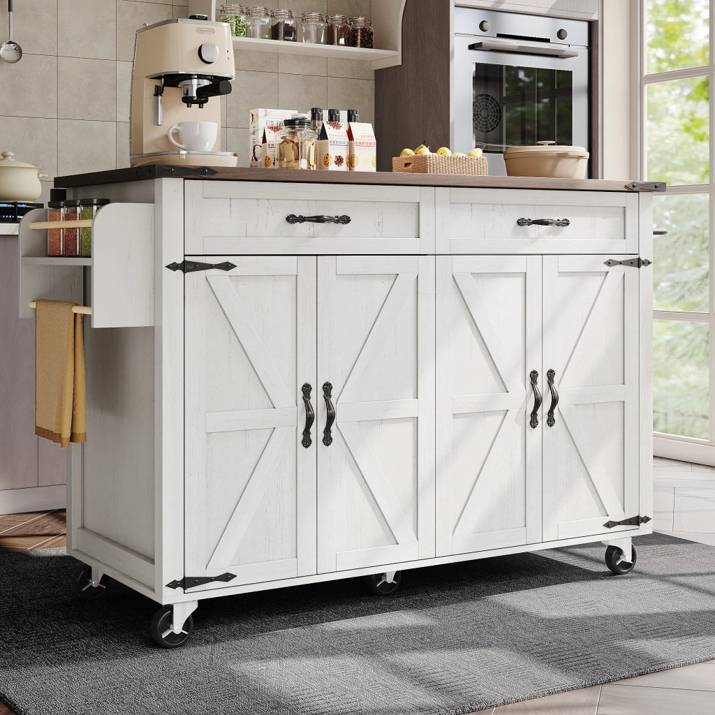 OKWISH Isola da Cucina con 4 Ante e 2 Cassetti, Piano Pieghevole, Portasciugamani e Ruote, per Cucina, MDF, Bianco