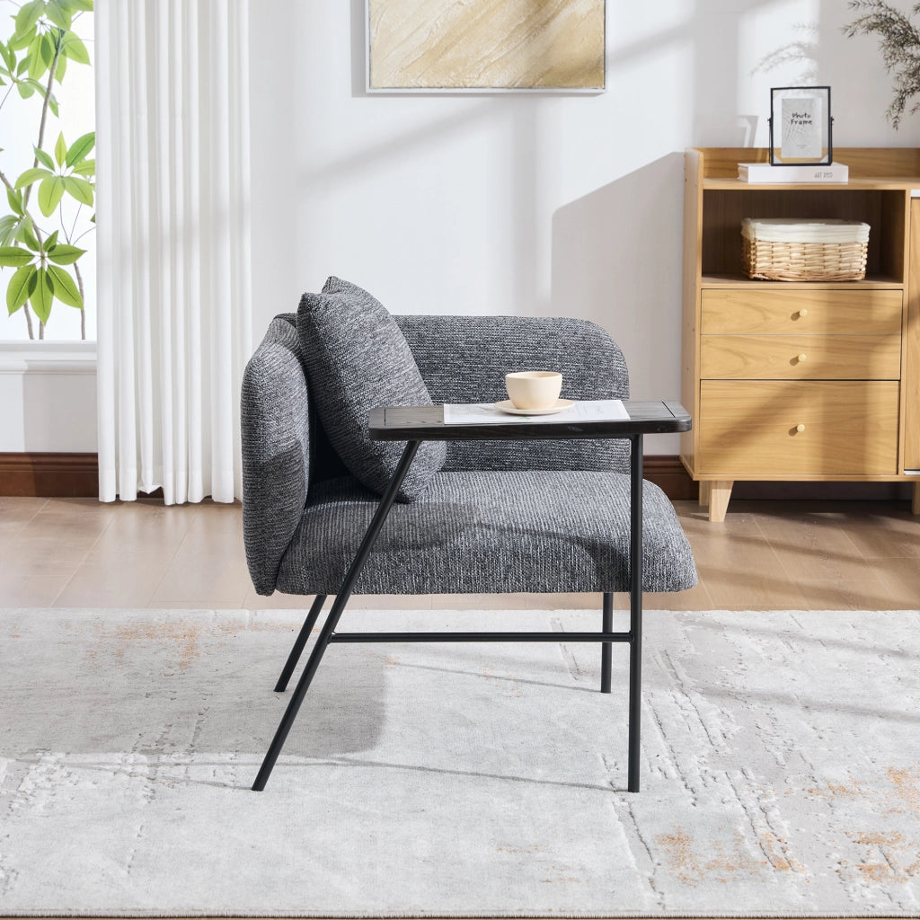 Poltrona con tavolino laterale e tasche portaoggetti, seduta ergonomica in ciniglia per salotto, grigio scuro