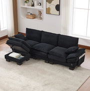 Divano modulare a 3 posti con pouf contenitore; in corduroy nero; 260 cm; con USB-C