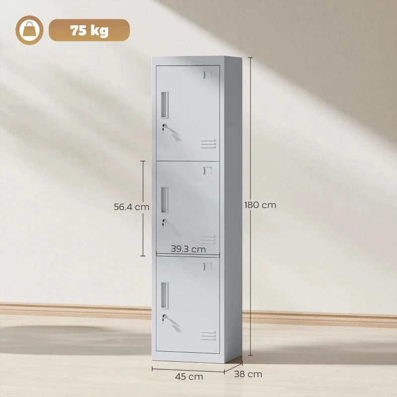 ARMADIO PER UFFICIO IN ACCIAIO A 3 PORTE INDIPENDENTI CON SERRATURA E 2 CHIAVI, 45X38X180 CM, GRIGIO CHIARO