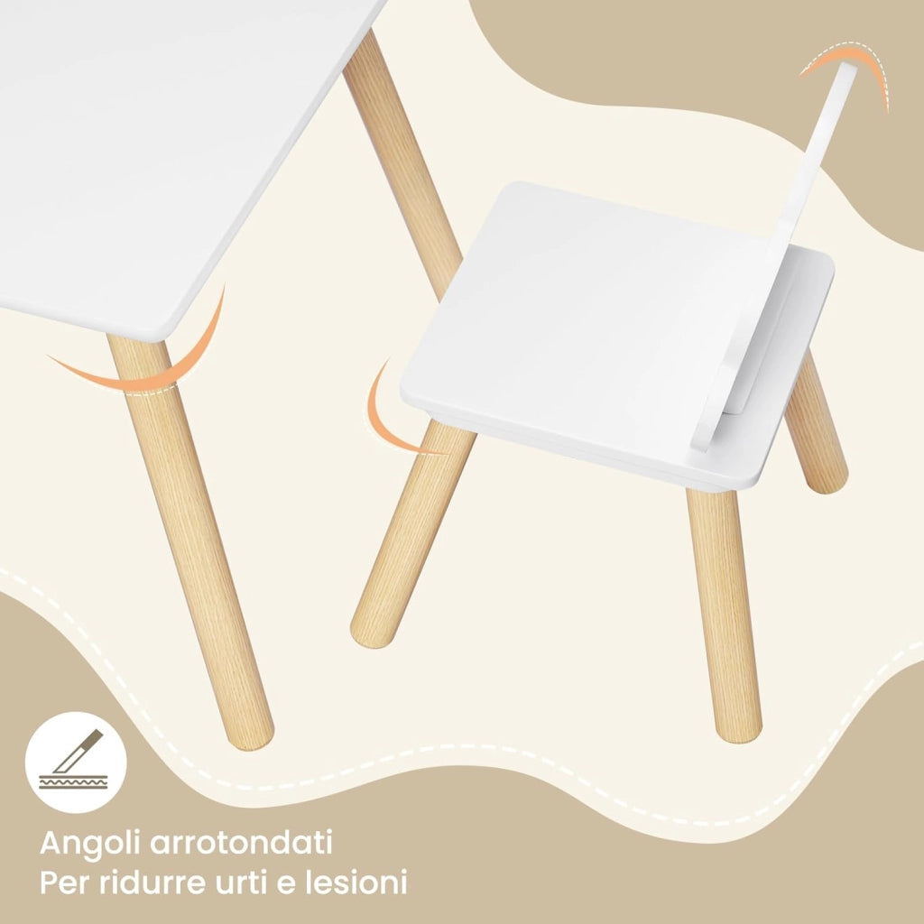 Set di Tavolo e Sedie per Bambini a 3 Pezzi, Tavolino Bambini con Sedie Montessori, Tavolo in Legno e 2 Sedie, per Cameretta, Camera da Letto, Bianco
