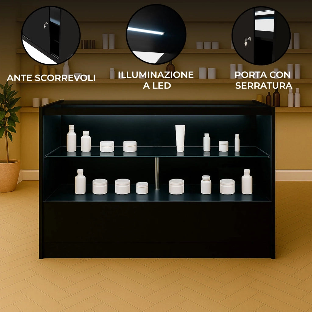 Bancone LED Nero C1500 con Vetrina, 3 Ripiani e Ante Scorrevoli