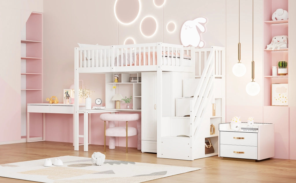 DESMIU Letto a soppalco letto singolo 90 × 200 cm con armadio, scrivania e scala con cassetti, senza materasso