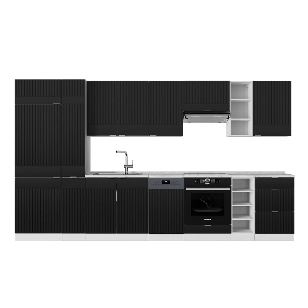 Cucina componibile Fame-Line Nero rigato/Bianco 355 cm, PL Marmo Vicco