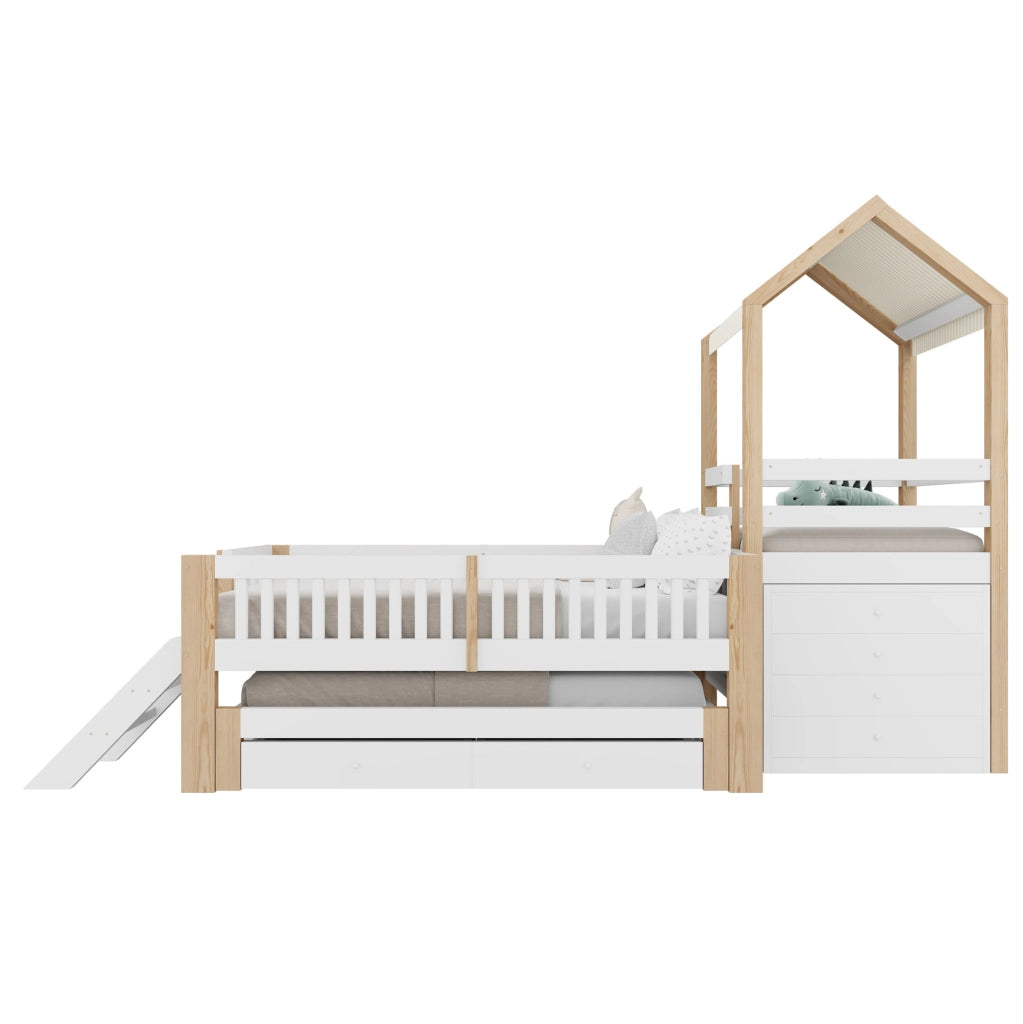 Letto per bambini a casetta con letto estraibile, scala e cassetti