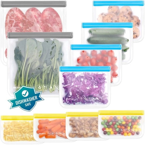 Pacchetto da 10 pezzi di sacchetti di stoccaggio riciclabili, sacchetti di congelazione riciclabili BPA liberi, sacchetti di panino, sacchetti di cibo in silicone, tazze di picnic impermeabili al grasso per viaggi, borse per gioielli (2XL4M4S)