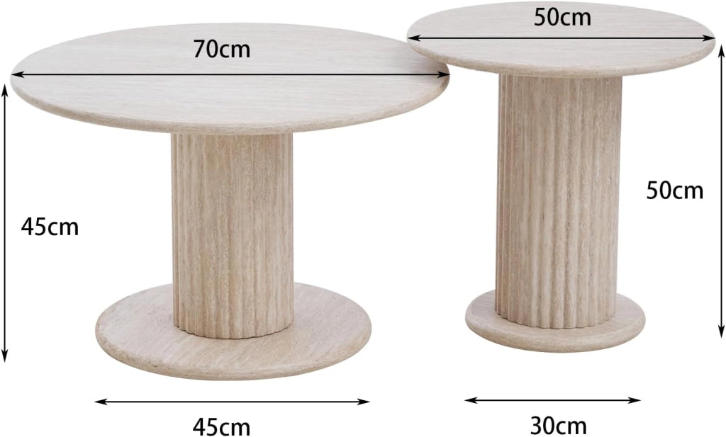 GrandCA HOME Set di 2 Tavolini Rotondi Impilabili con Gambe Cilindriche alla Base, Effetto Travertino Ggiallo Finto, Tavolino da Caffè in Stile Moderno e Minimalista per Soggiorno o Camera da Letto