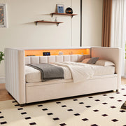 Letto estraibile 90 × 190 cm con LED, USB Type-C, contenitore, senza materasso, in velluto beige
