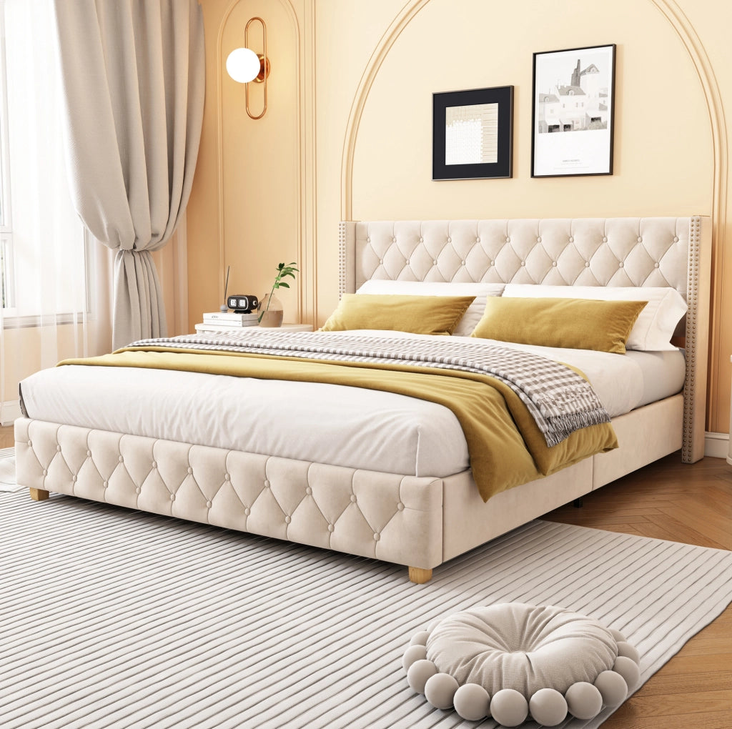 Letto imbottito 160x200 cm in velluto beige chiaro con testiera capitonné
