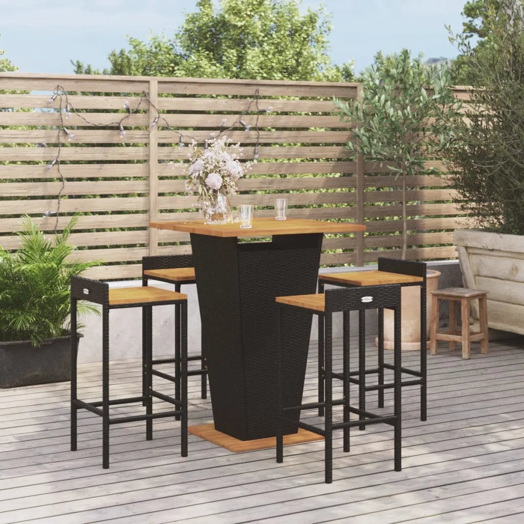 Set Bar Giardino 5 pz Nero Polyrattan e Legno Massello Acacia