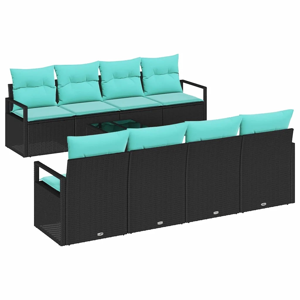 Set di divani con cuscino 7 pcs Nero e azzurro polyrattan