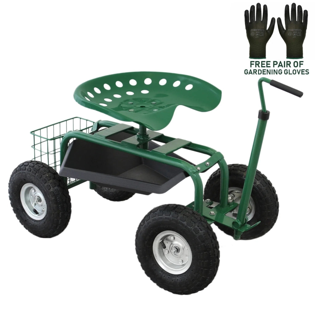 Sgabello Ruotato da Giardino Girevole e Aggiustabile Ruote e Porta Oggetti 150kg