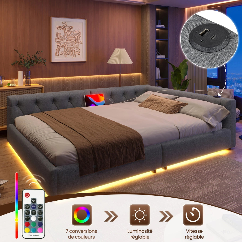 Letto imbottito matrimoniale 140×200 cm con USB; Type-C; LED; testiera; senza materasso; grigio