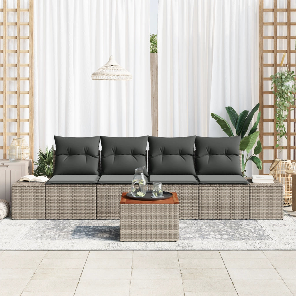 Set di divani da giardino 5 pezzi con cuscini grigi in polirattan e acacia