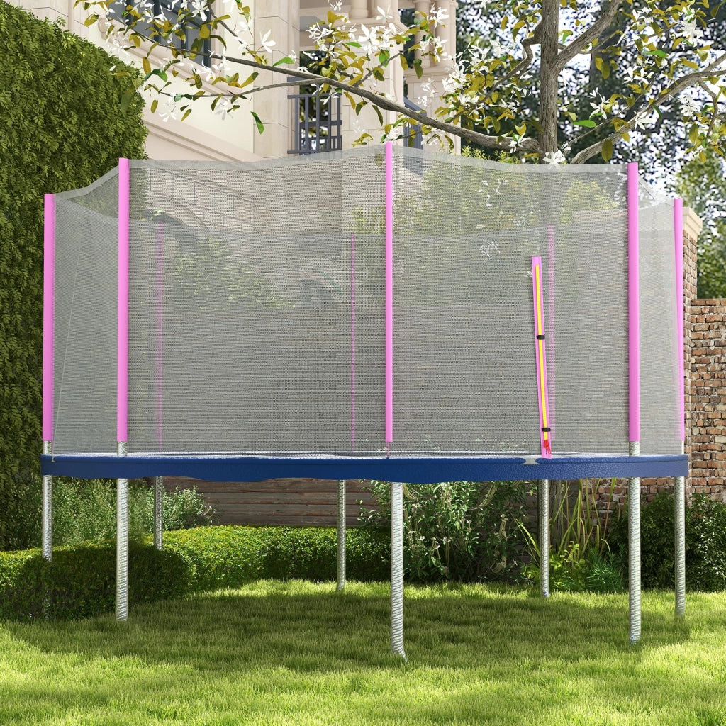 Rete di Protezione per Trampolini a 8 Pali con Ingresso con Cerniera, in PE, ?366x180 cm, Nero e Rosa