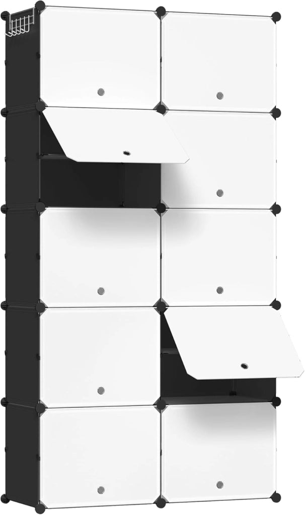 Scarpiera da Ingresso, Porta Scarpe con 10 Scomparti, Scarpiera Modulare per 40 Paia di Scarpe, Contenitore per Scarpe con Porte, in Plastica e Metallo, Bianco + Nero, 35x35x45cm/Scomparto
