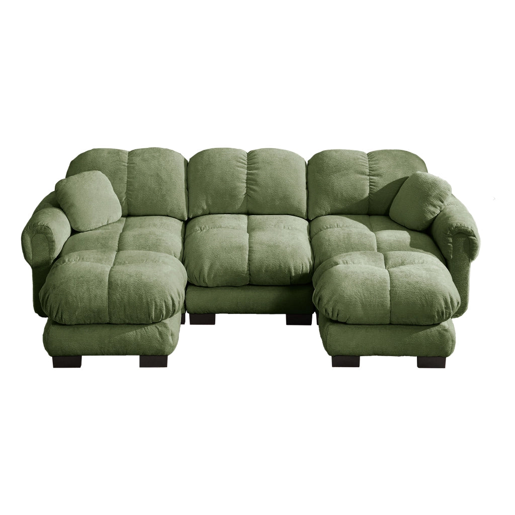 Divano panoramico a U 3 posti modulare con pouf mobile e cuscini; per soggiorno in chenille verde